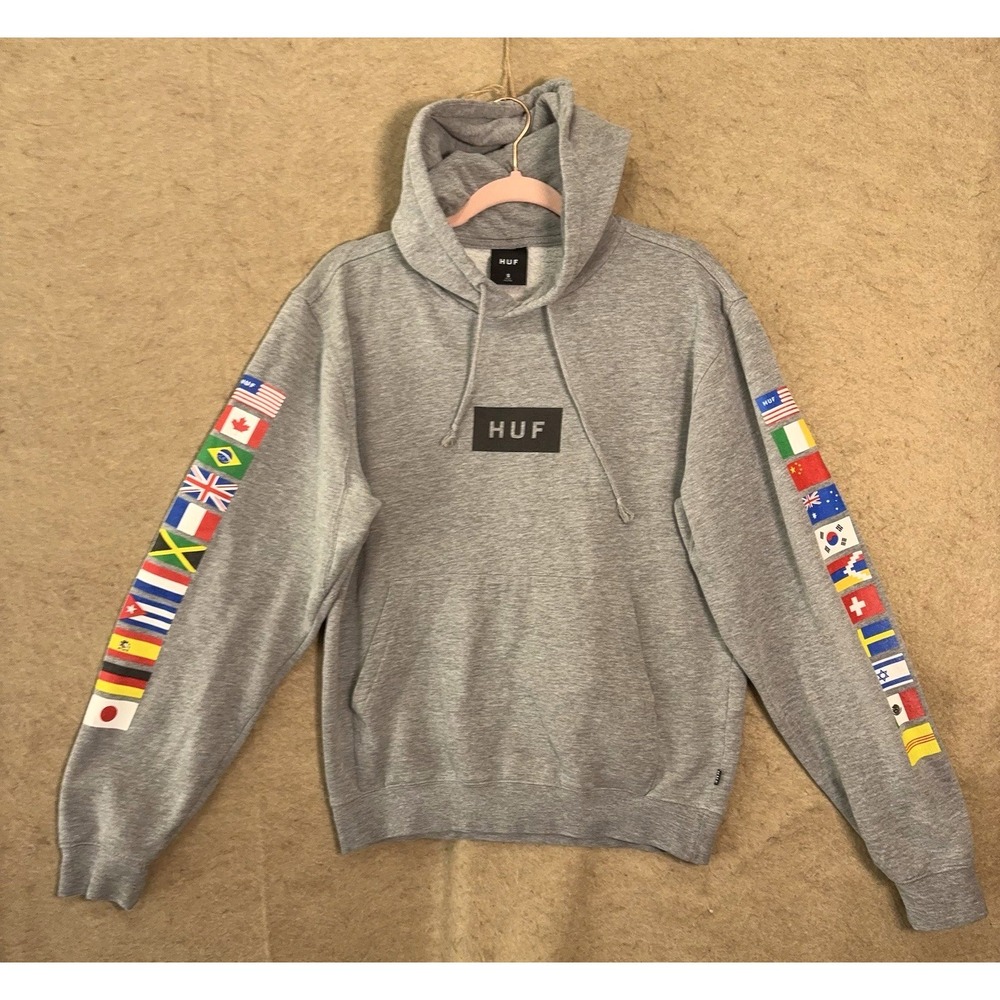 Huf Worldwide Hoodie Mens Sz S Heathered Gray Flags Pullover Pocket Logo